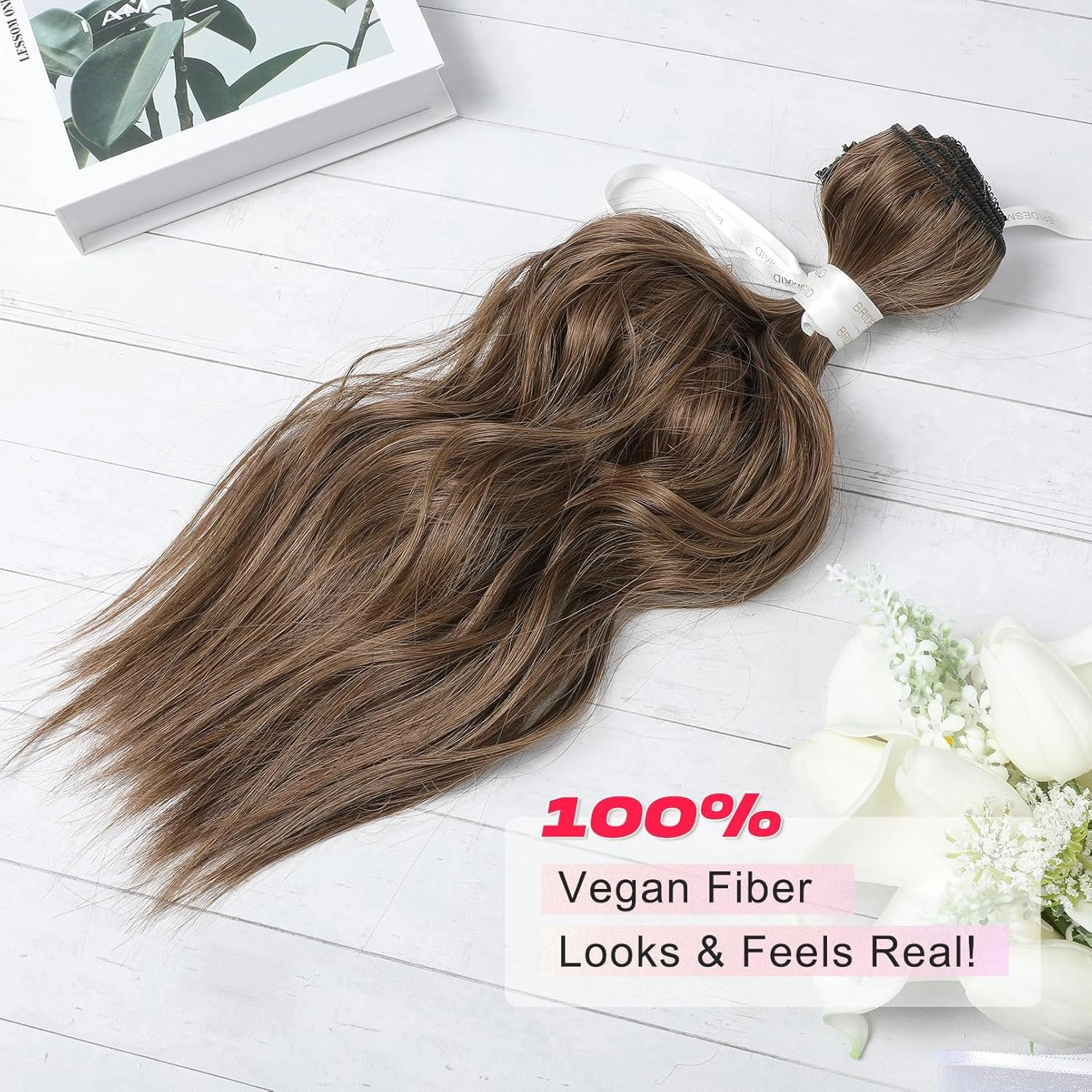 Short Clip in Hair Extensions, 14" Beach Wave Brown Hairpiece - 4PCS Natural Soft Synthetic Hair - Light Brown