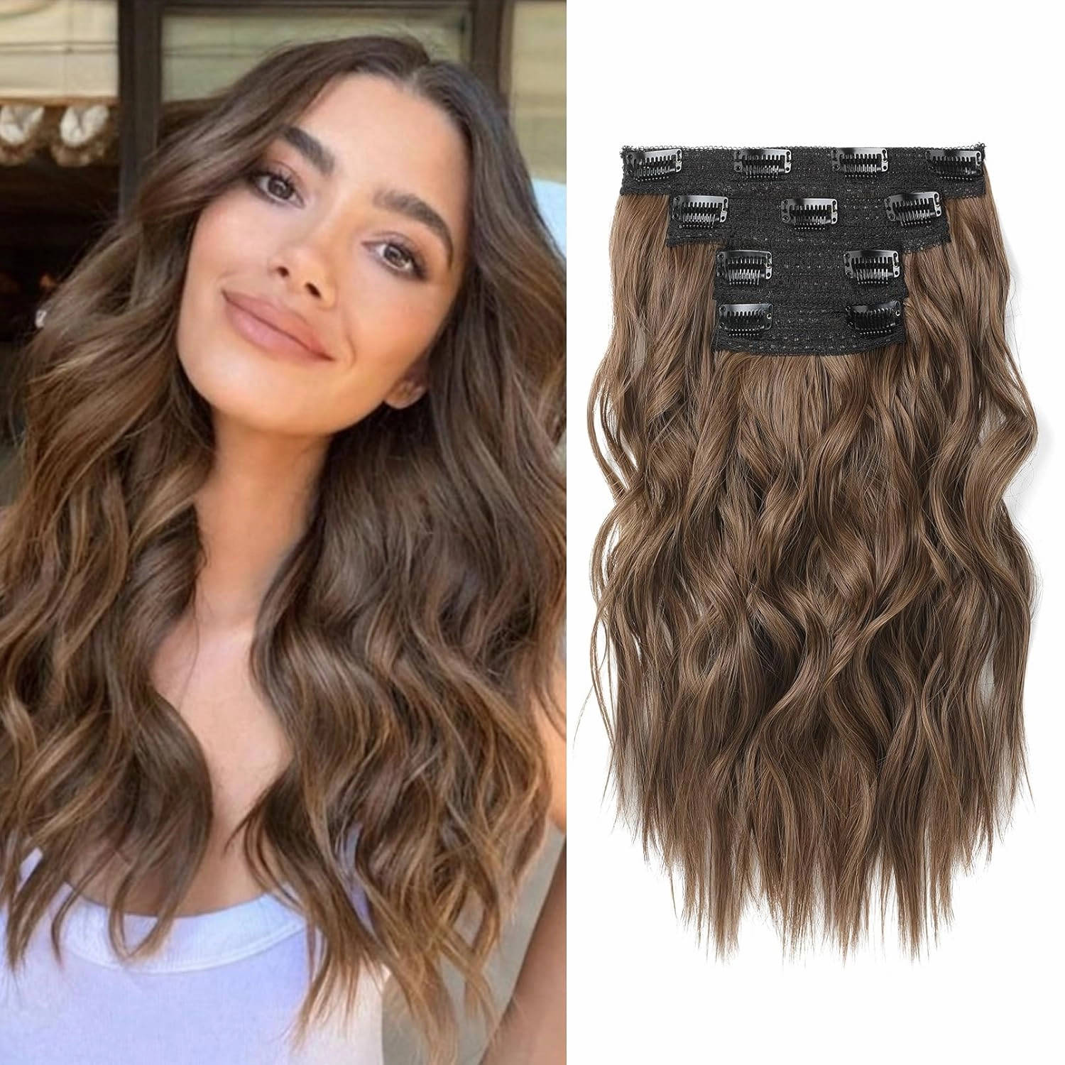 Short Clip in Hair Extensions, 14" Beach Wave Brown Hairpiece - 4PCS Natural Soft Synthetic Hair - Light Brown