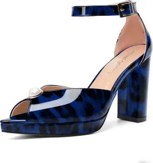 SHOWFOREST Womens Dating Peep Toe Platform Dress Patent Buckle Adjustable Strap Block High Heel Pumps Shoes 4 Inch