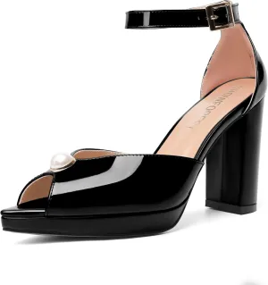 SHOWFOREST Womens Dating Peep Toe Platform Dress Patent Buckle Adjustable Strap Block High Heel Pumps Shoes 4 Inch