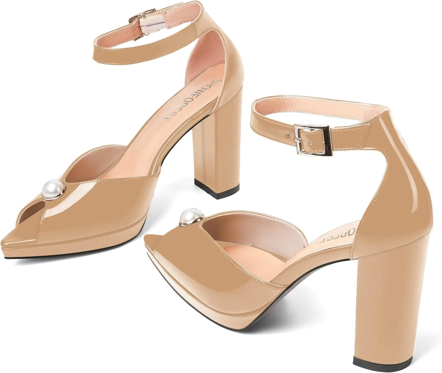 SHOWFOREST Womens Dating Peep Toe Platform Dress Patent Buckle Adjustable Strap Block High Heel Pumps Shoes 4 Inch