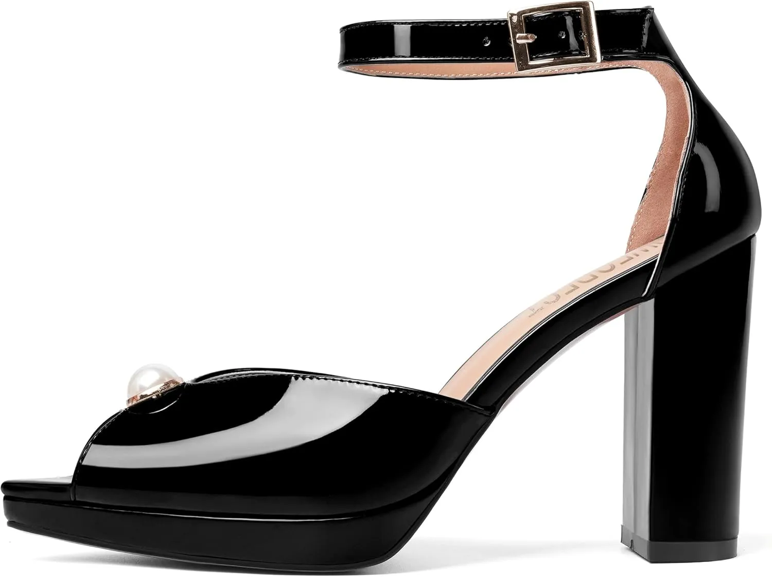 SHOWFOREST Womens Dating Peep Toe Platform Dress Patent Buckle Adjustable Strap Block High Heel Pumps Shoes 4 Inch