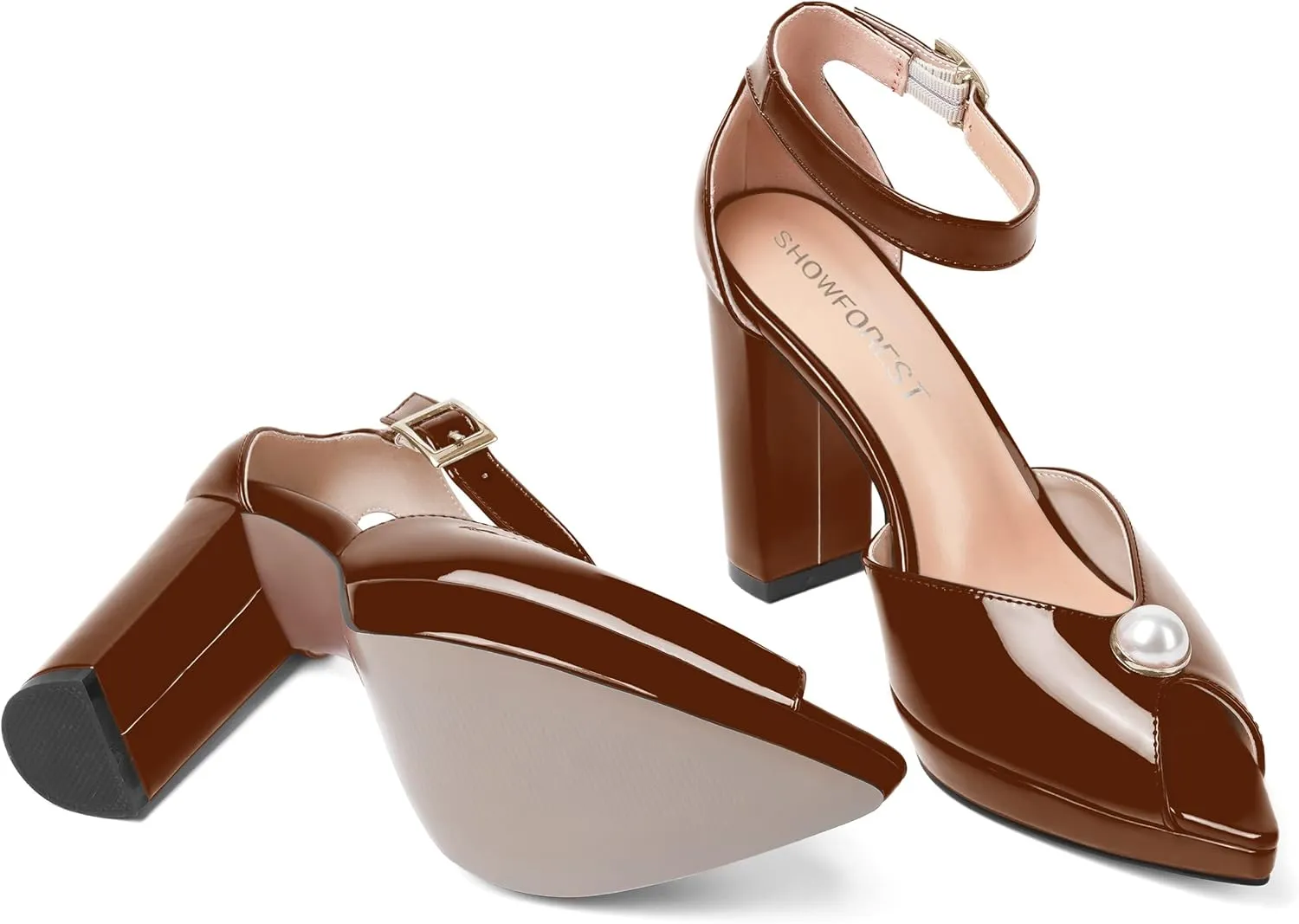 SHOWFOREST Womens Dating Peep Toe Platform Dress Patent Buckle Adjustable Strap Block High Heel Pumps Shoes 4 Inch