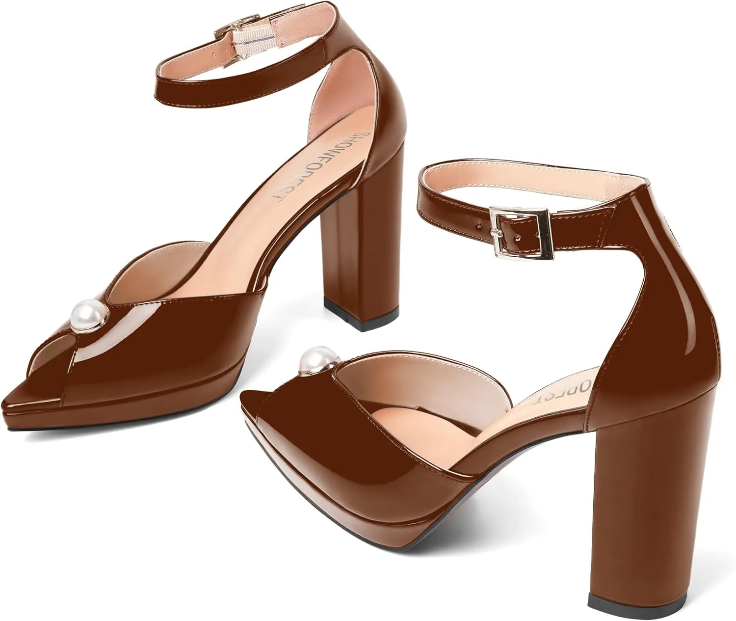 SHOWFOREST Womens Dating Peep Toe Platform Dress Patent Buckle Adjustable Strap Block High Heel Pumps Shoes 4 Inch
