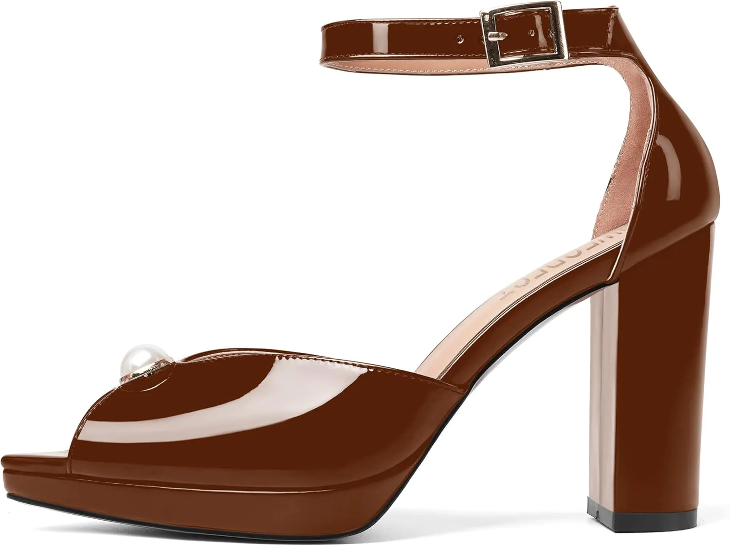 SHOWFOREST Womens Dating Peep Toe Platform Dress Patent Buckle Adjustable Strap Block High Heel Pumps Shoes 4 Inch
