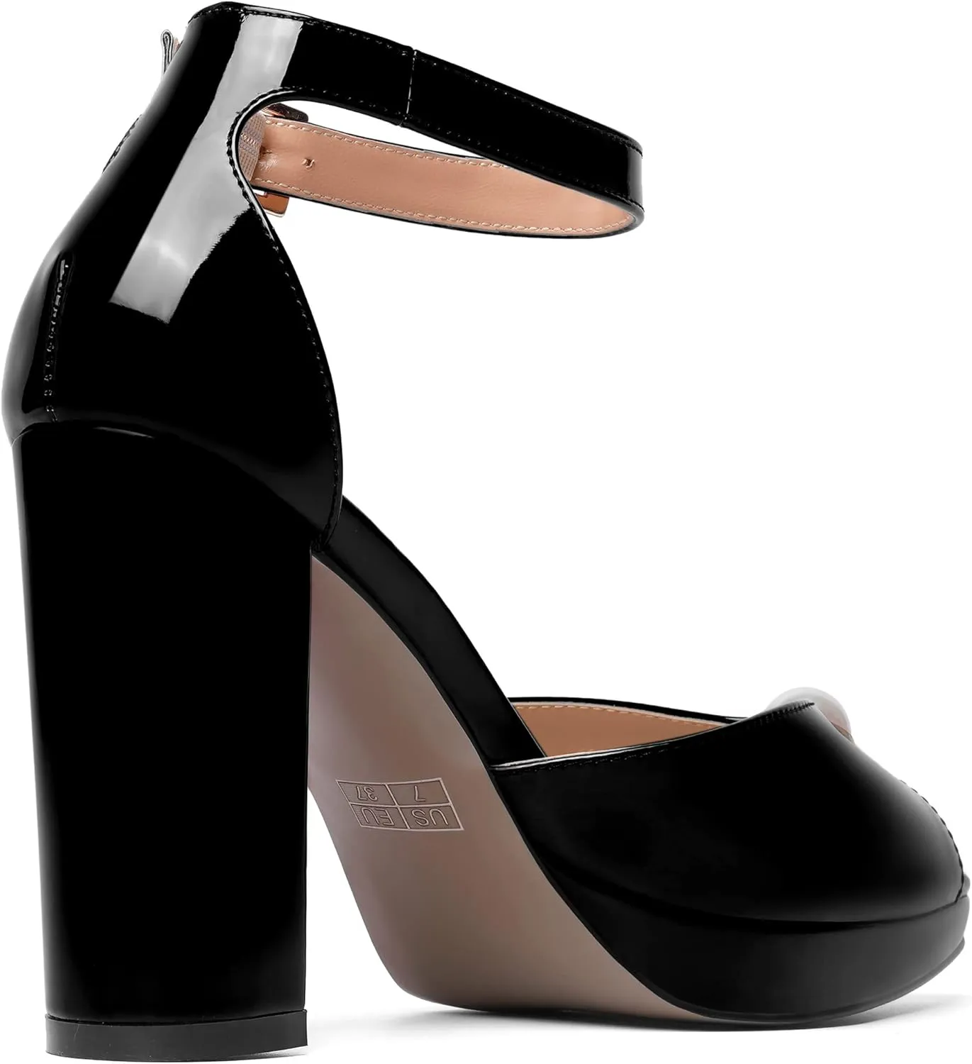 SHOWFOREST Womens Dating Peep Toe Platform Dress Patent Buckle Adjustable Strap Block High Heel Pumps Shoes 4 Inch