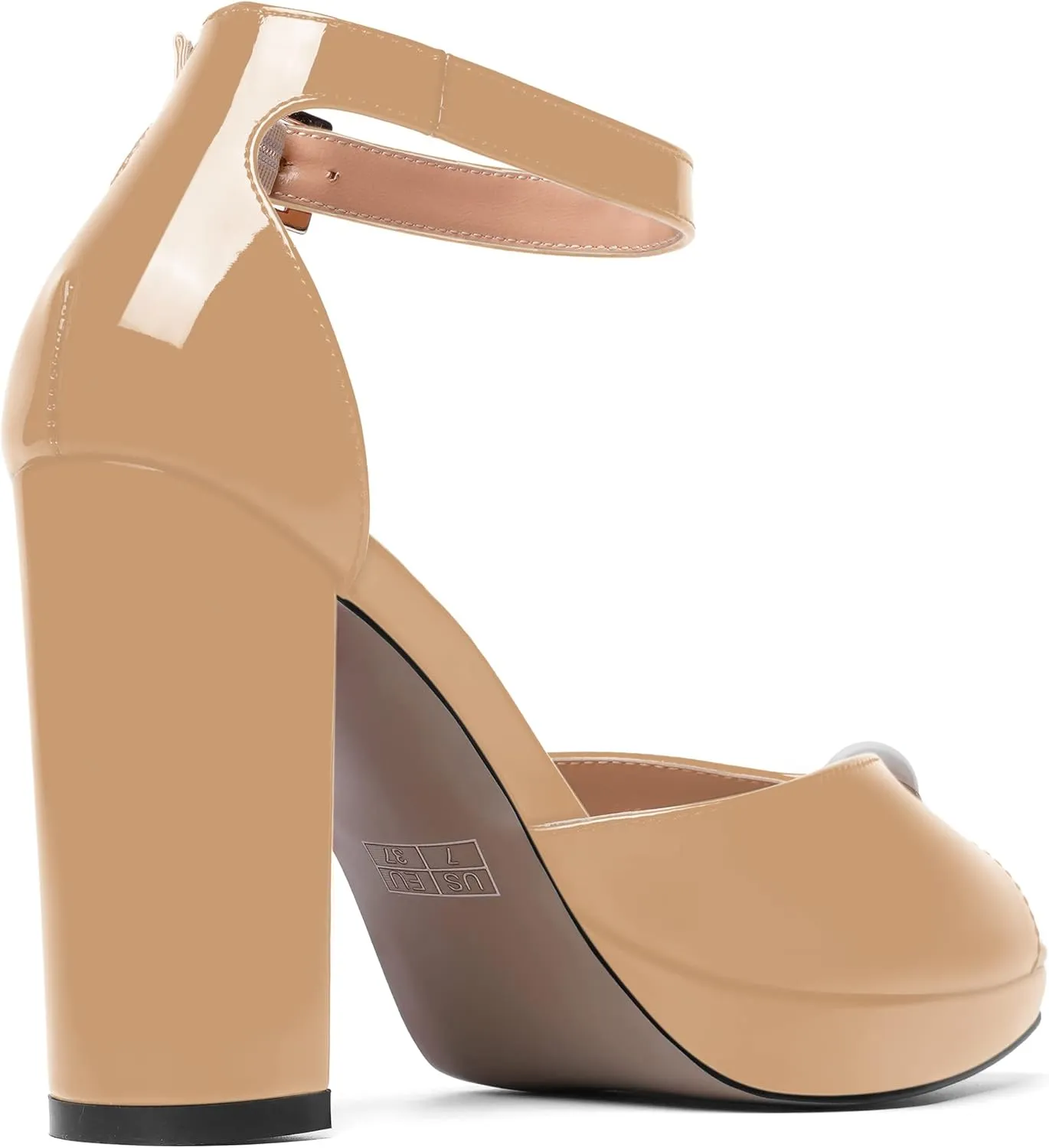 SHOWFOREST Womens Dating Peep Toe Platform Dress Patent Buckle Adjustable Strap Block High Heel Pumps Shoes 4 Inch