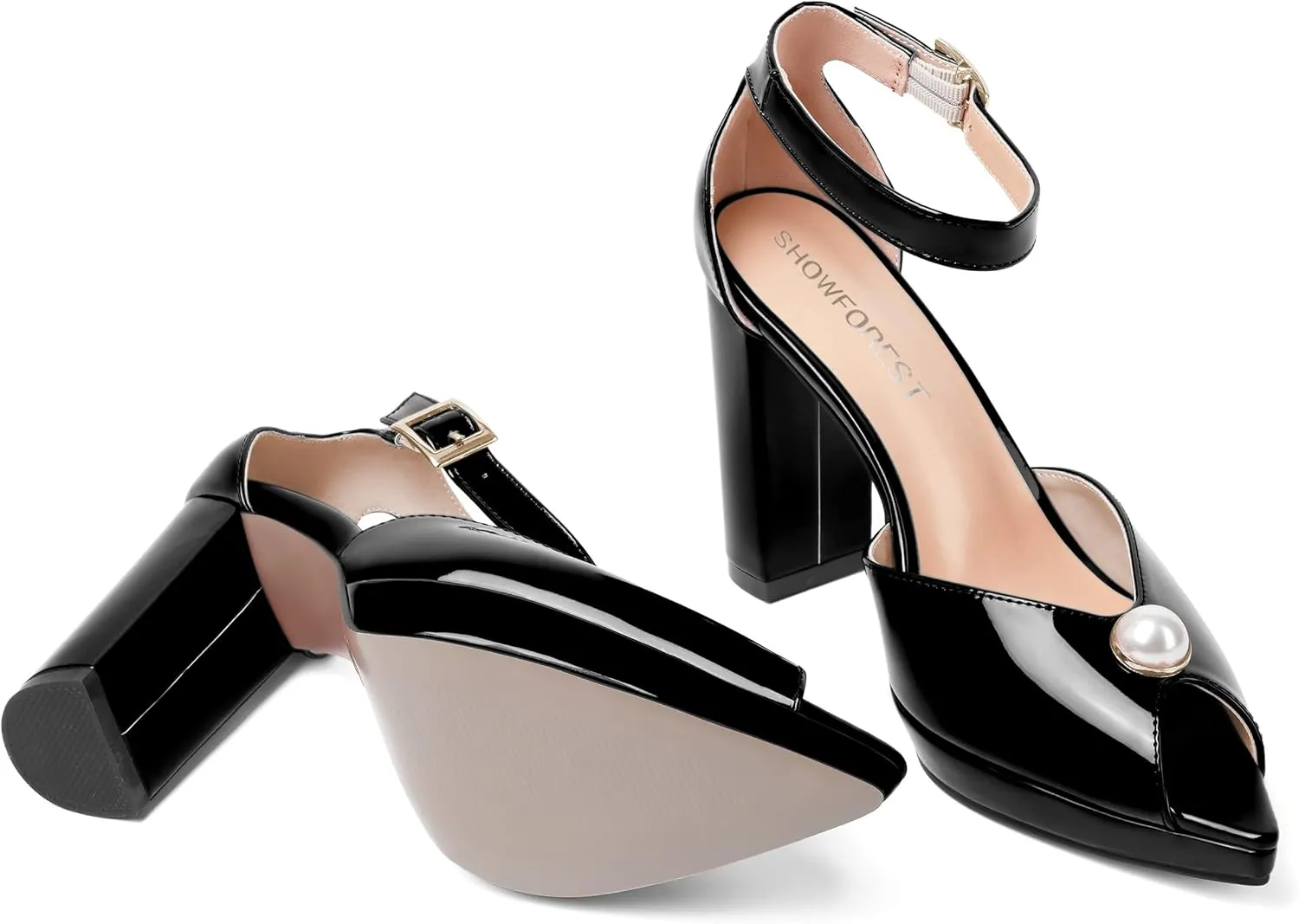 SHOWFOREST Womens Dating Peep Toe Platform Dress Patent Buckle Adjustable Strap Block High Heel Pumps Shoes 4 Inch