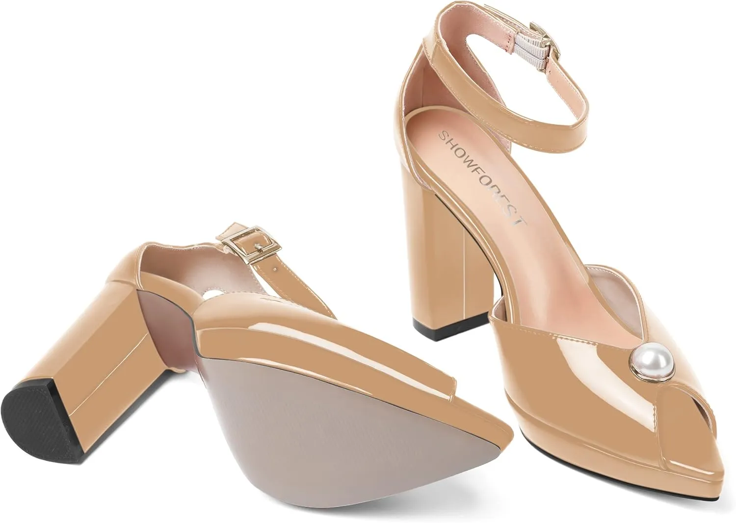 SHOWFOREST Womens Dating Peep Toe Platform Dress Patent Buckle Adjustable Strap Block High Heel Pumps Shoes 4 Inch