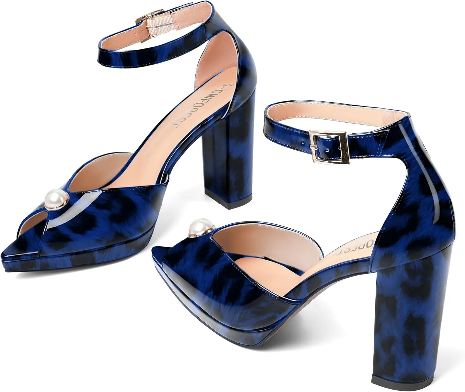 SHOWFOREST Womens Dating Peep Toe Platform Dress Patent Buckle Adjustable Strap Block High Heel Pumps Shoes 4 Inch