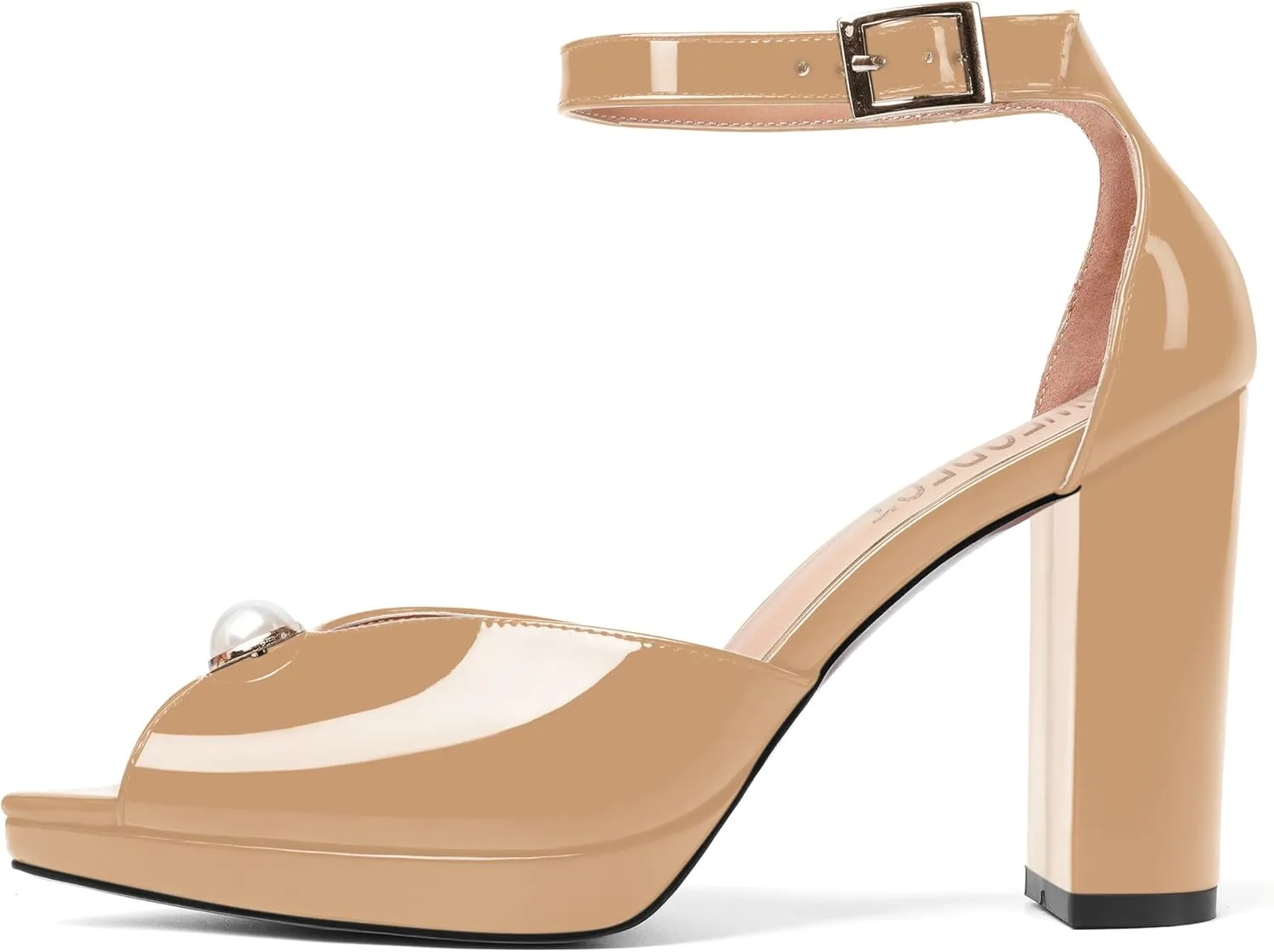 SHOWFOREST Womens Dating Peep Toe Platform Dress Patent Buckle Adjustable Strap Block High Heel Pumps Shoes 4 Inch