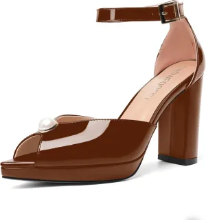 SHOWFOREST Womens Dating Peep Toe Platform Dress Patent Buckle Adjustable Strap Block High Heel Pumps Shoes 4 Inch