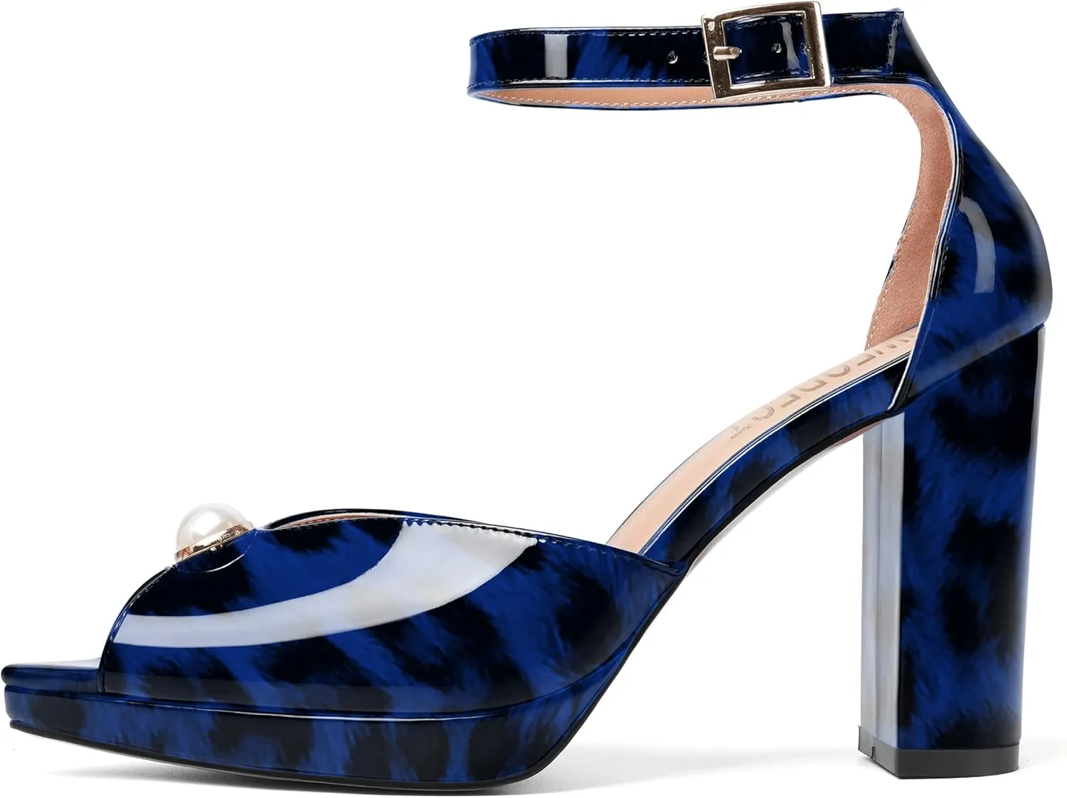SHOWFOREST Womens Dating Peep Toe Platform Dress Patent Buckle Adjustable Strap Block High Heel Pumps Shoes 4 Inch