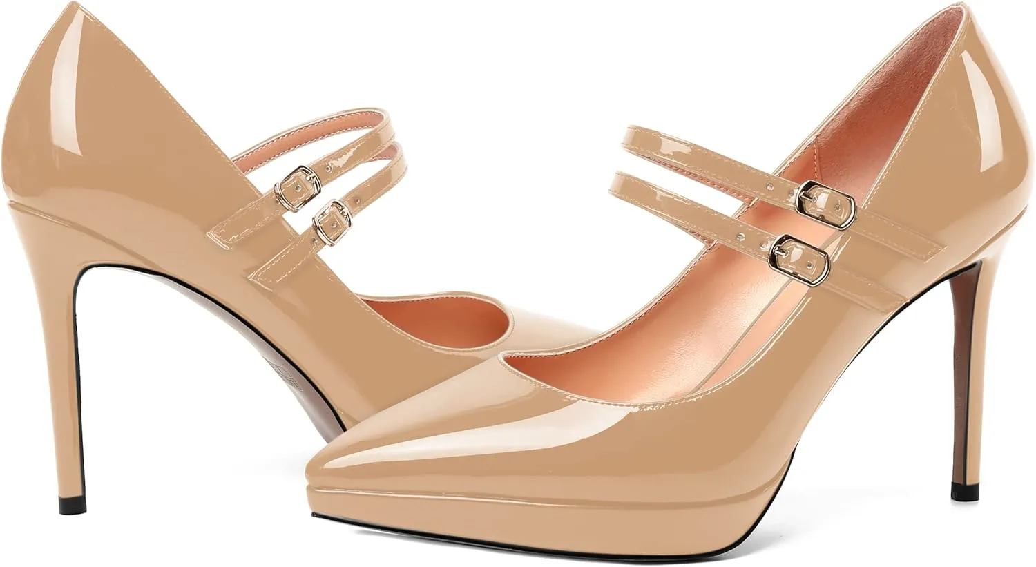 SHOWFOREST Womens Dress Patent Pointed Toe Adjustable Strap Wedding Buckle Stiletto High Heel Pumps Shoes 4 Inch