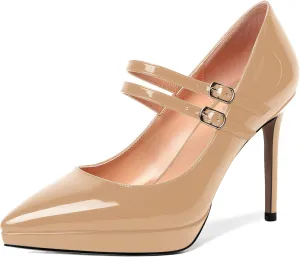 SHOWFOREST Womens Dress Patent Pointed Toe Adjustable Strap Wedding Buckle Stiletto High Heel Pumps Shoes 4 Inch