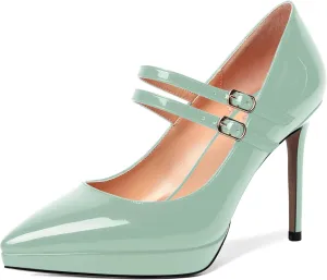 SHOWFOREST Womens Dress Patent Pointed Toe Adjustable Strap Wedding Buckle Stiletto High Heel Pumps Shoes 4 Inch