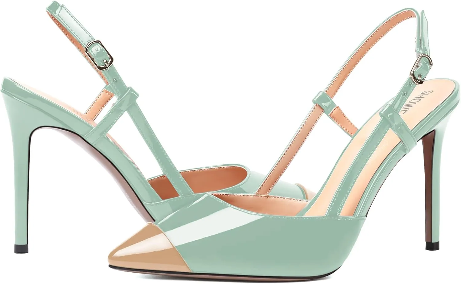 SHOWFOREST Womens Pointed Toe Sexy Buckle Patent Adjustable Strap Evening Stiletto High Heel Pumps Shoes 4 Inch