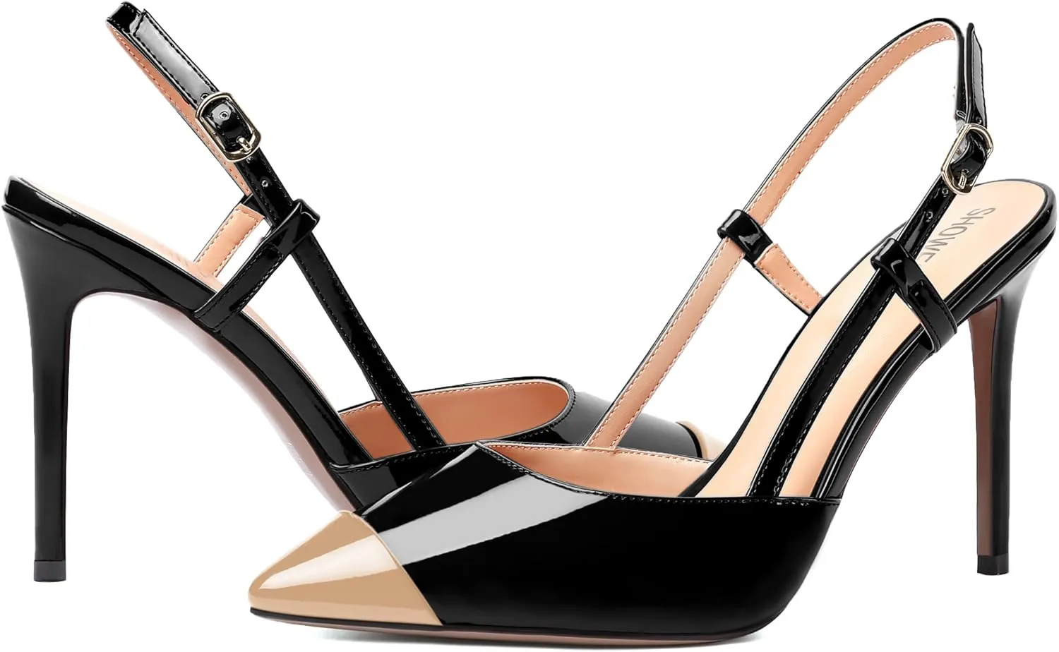 SHOWFOREST Womens Pointed Toe Sexy Buckle Patent Adjustable Strap Evening Stiletto High Heel Pumps Shoes 4 Inch