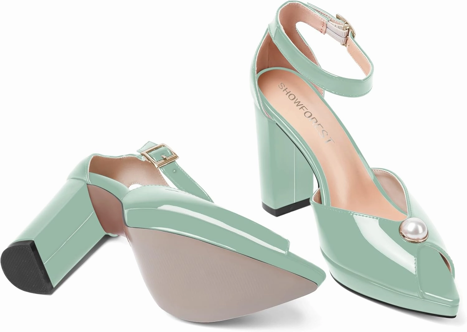 SHOWFOREST Womens Dating Peep Toe Platform Dress Patent Buckle Adjustable Strap Block High Heel Pumps Shoes 4 Inch