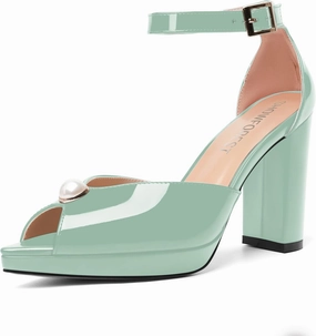 SHOWFOREST Womens Dating Peep Toe Platform Dress Patent Buckle Adjustable Strap Block High Heel Pumps Shoes 4 Inch