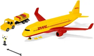 Siku 1702 DHL Cargo Plane with Accessories Metal Plastic Red/Yellow Toy Model Includes Luggage Trolley and Air Traffic Controller