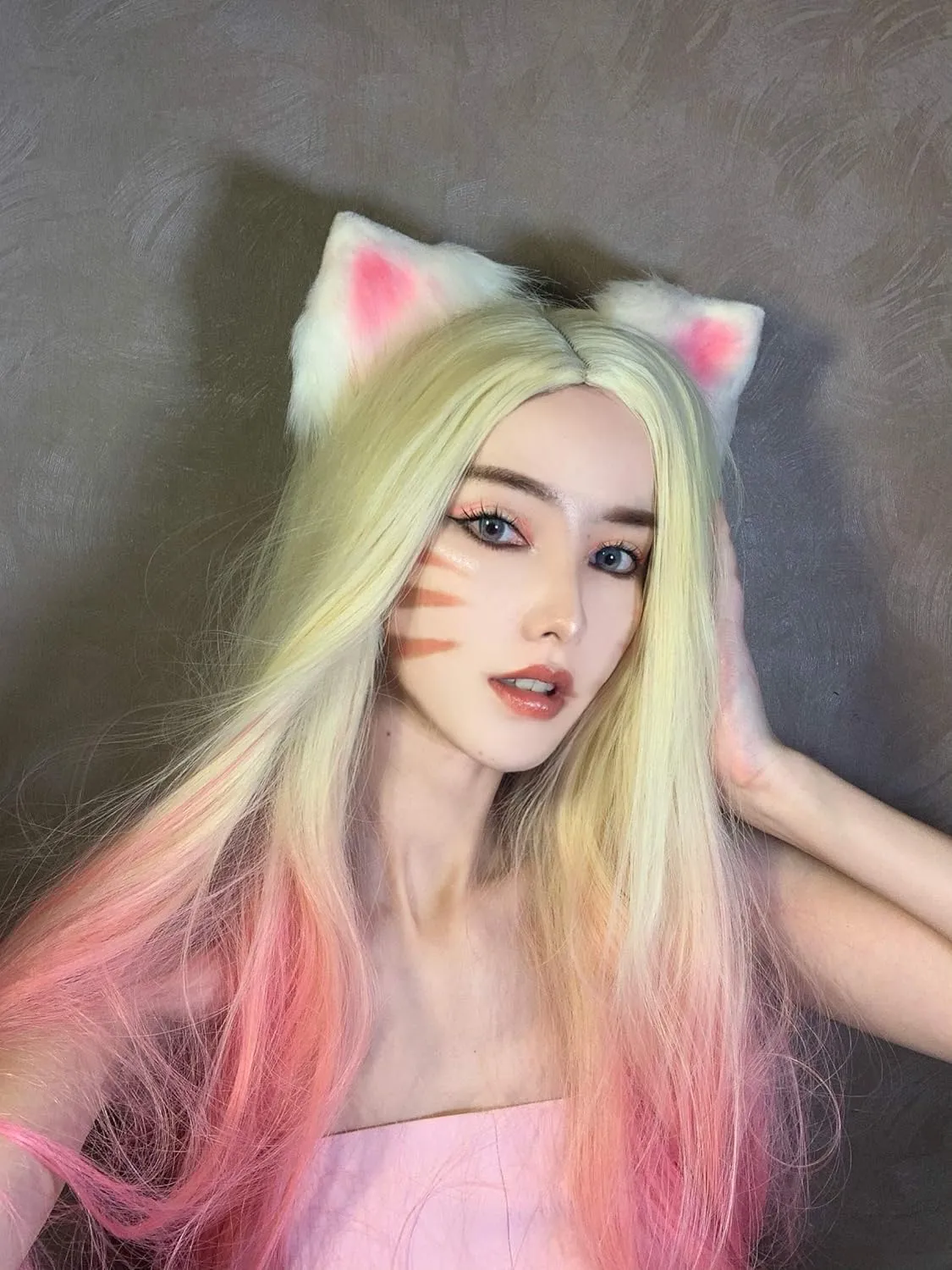 SL Ombre Pink Cosplay Wigs Women Long Straight Cute Sweet Hair Wig for Halloween Party Daily with Cap - 33''