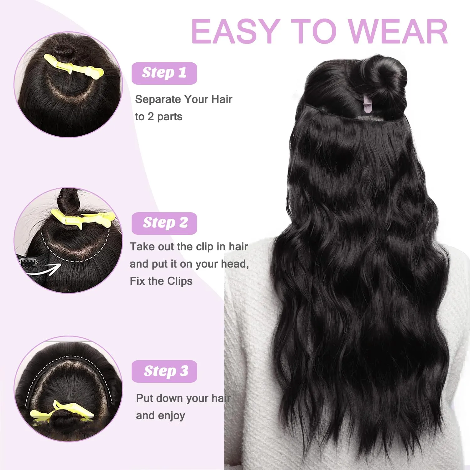 Smartinnov Clip in Hair Extensions Real Human Hair Jet Black 3/4 Full Head Clip Hair with 5 Secure Clips 16Inch One Piece V Shape Hairpiece Clip on Hair Extensions 80G for Women with Thinning Hair
