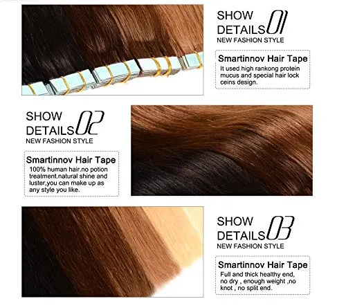 Smartinnov Wavy Tape in Hair Extensions #60 Platinum Human Hair Glue in Extensions Seamless Skin Weft Remy Hair Extensions White Blonde Soft Silky Body Wave 18inches 40g 20pcs/pack