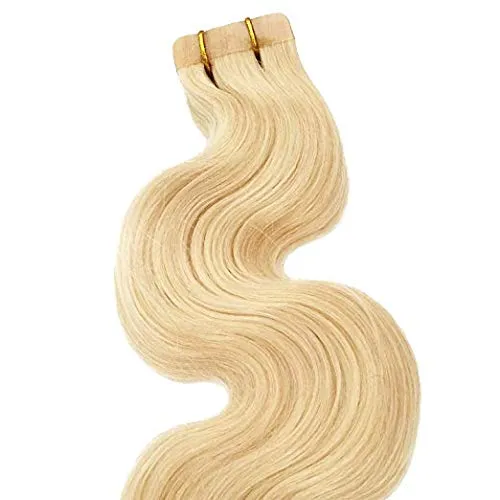 Smartinnov Wavy Tape in Hair Extensions #60 Platinum Human Hair Glue in Extensions Seamless Skin Weft Remy Hair Extensions White Blonde Soft Silky Body Wave 18inches 40g 20pcs/pack