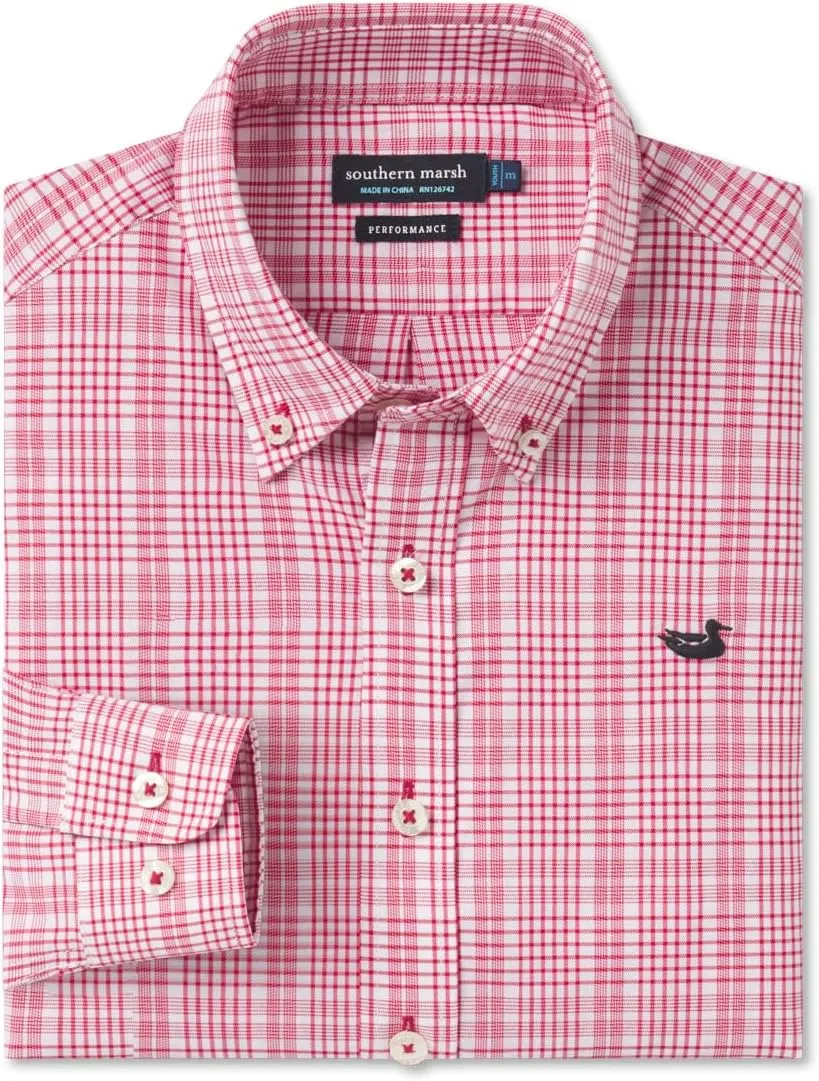 Southern Marsh Youth’s Shenandoah Performance Check Dress Shirt, Long Sleeve Woven Dress Shirt, Crimson & White, Large