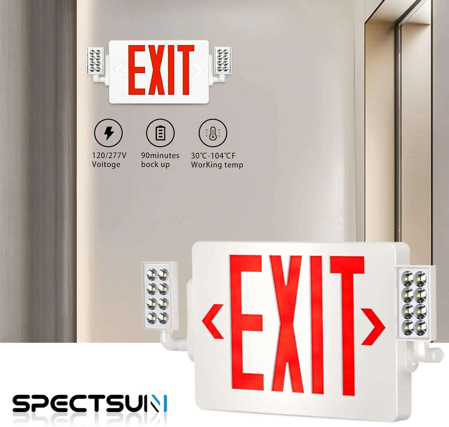 SPCETSUN 2 Packs Red Exit Sign With Emergency Lights, LED Battery Backup, UL Listed, AC 120/277V, Double Face Commercial Light Combo for Business