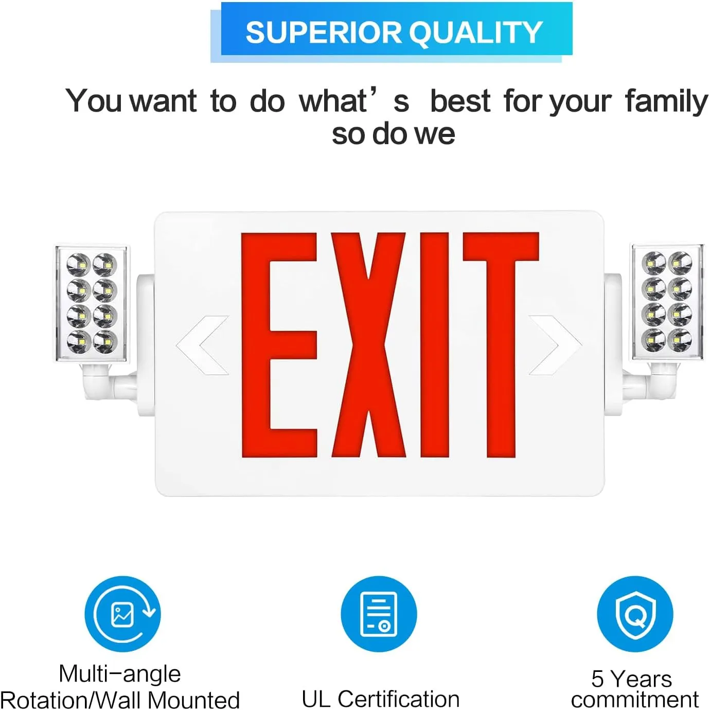 SPCETSUN 2 Packs Red Exit Sign With Emergency Lights, LED Battery Backup, UL Listed, AC 120/277V, Double Face Commercial Light Combo for Business