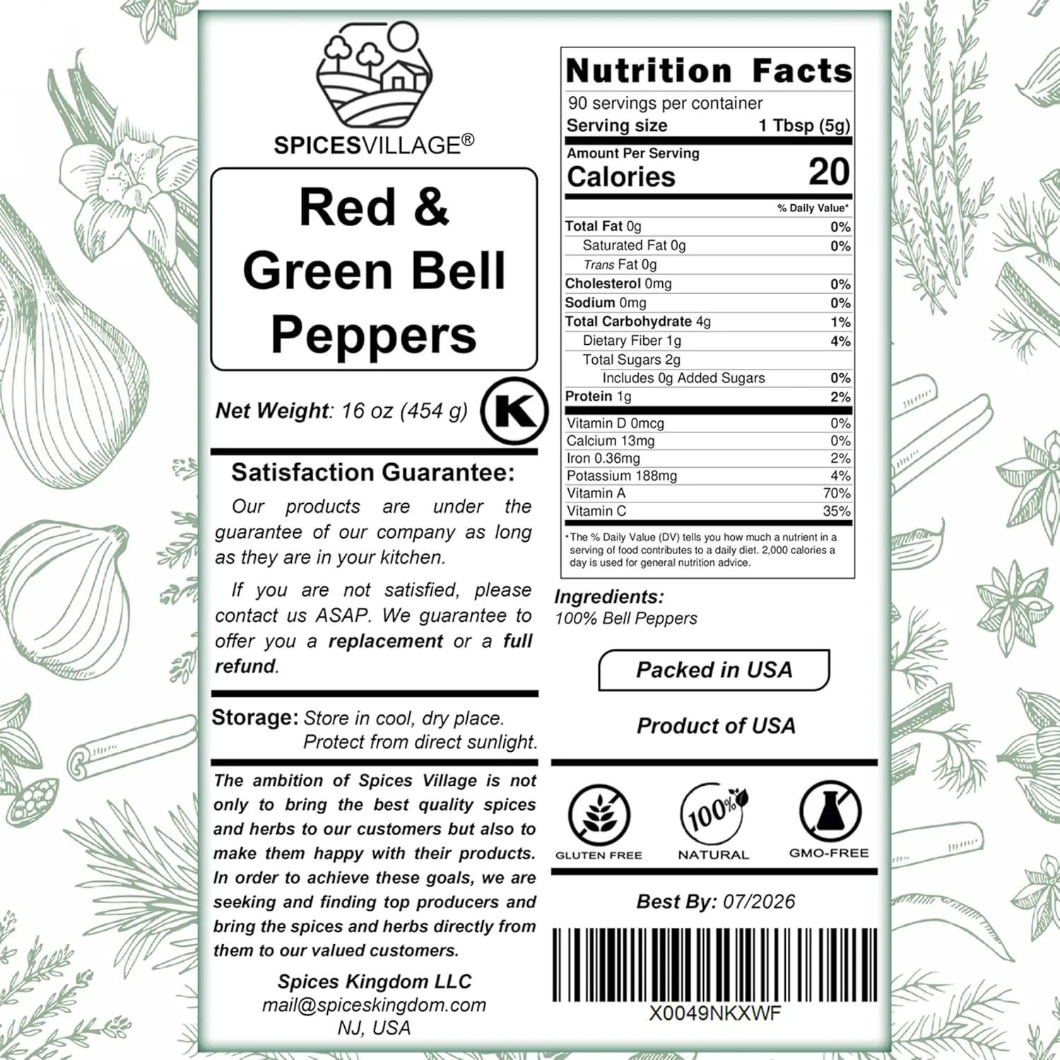 SPICES VILLAGE Dehydrated Bell Peppers Mix, Dried Bell Pepper Flakes, 16 Oz (1 lb), Dried Ramen Toppings, Bulk Dried Vegetables for Soup Mix, Kosher, Gluten Free, Non GMO