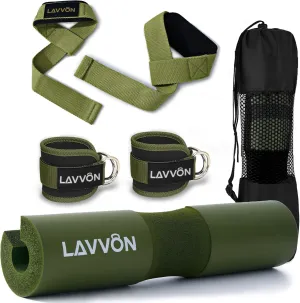 Squat Pad Set - Foam Barbell Pad for Squats Cushion, Lunges & Bar Padding for Hip Thrusts - Standard Olympic Weight Bar Pad - With Ankle Straps, Wrist Straps for Weightlifting