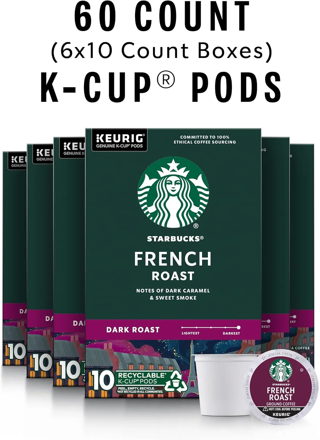 Starbucks K-Cup Coffee Pods, Dark Roast Coffee, French Roast for Keurig Brewers, 100% Arabica, 6 boxes (60 pods total)