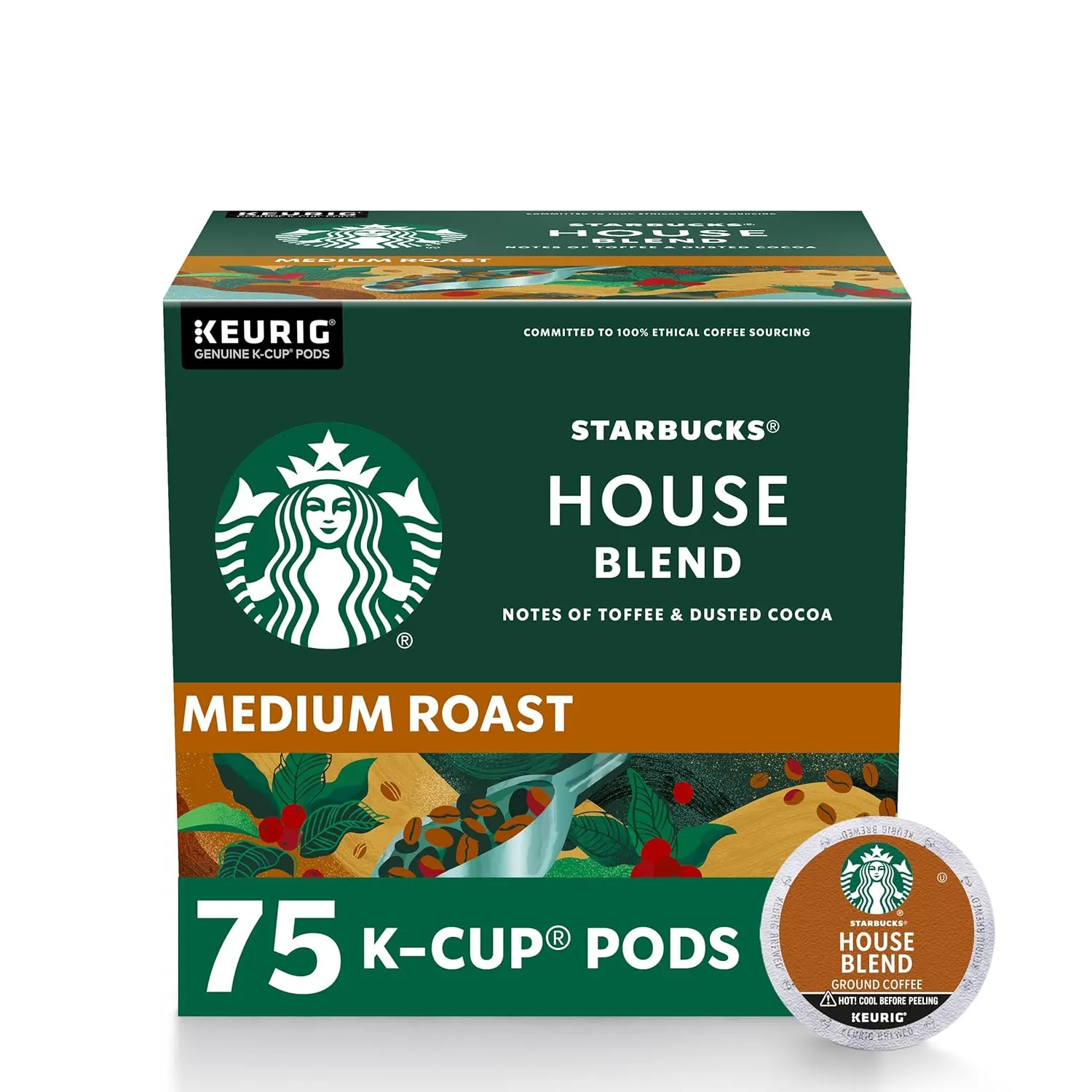 Starbucks K-Cup Coffee Pods, Medium Roast, House Blend for Keurig Coffee Makers, 100% Arabica, 1 Box (75 Pods)