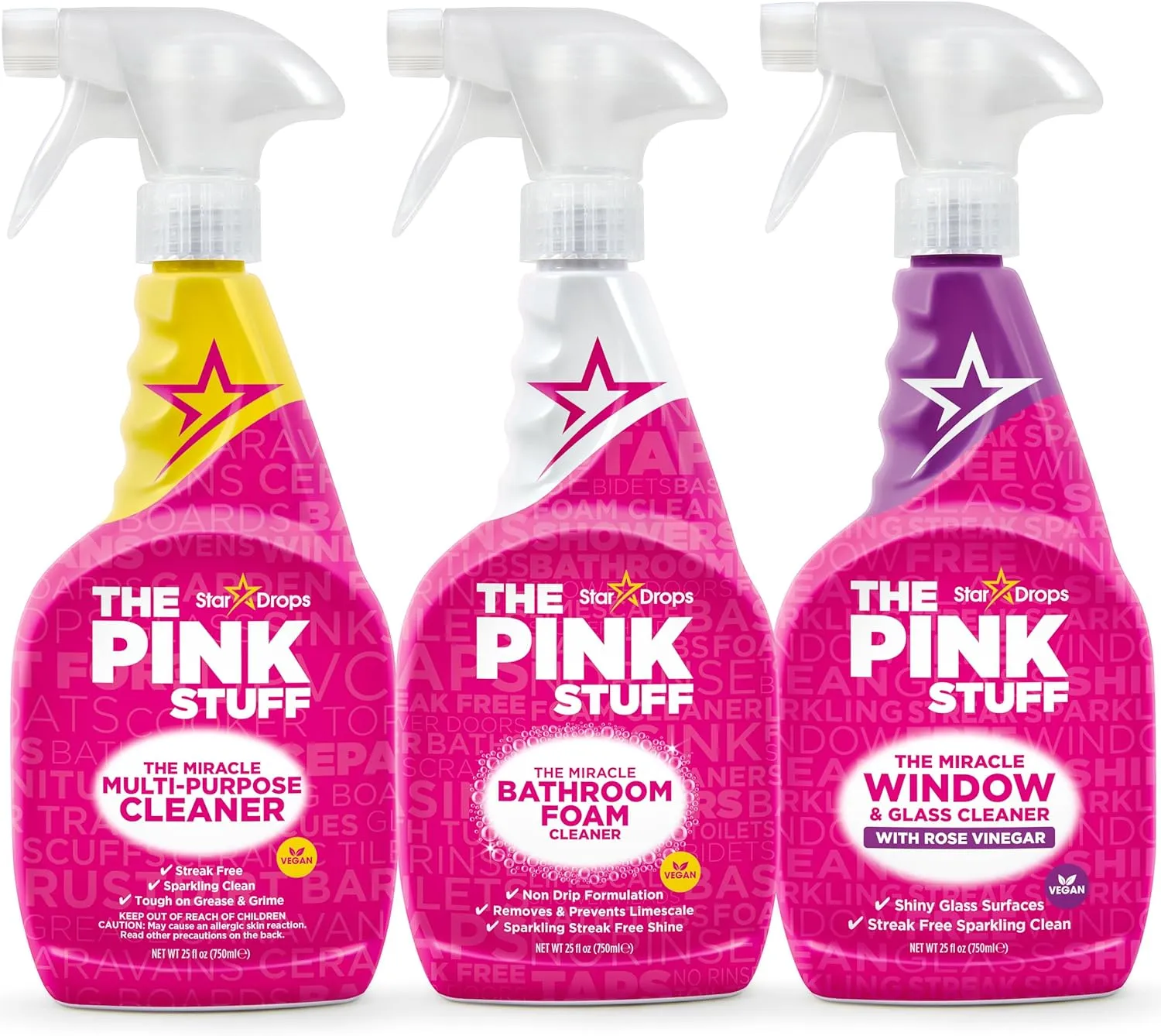 Stardrops The Pink Stuff Multi-Purpose Spray, Window & Glass Cleaner, and Bathroom Foam Spray Bundle – All-in-One Home Cleaning Solution (3-Pack)