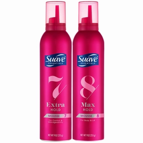 SUAVE Hair Mousse for Curly, Wavy & Fine Hair, Variety 2-Pack – Extra Hold 7 Shaping   Max Hold 8 Volumizing Mousse, Scented, 9 Oz Ea