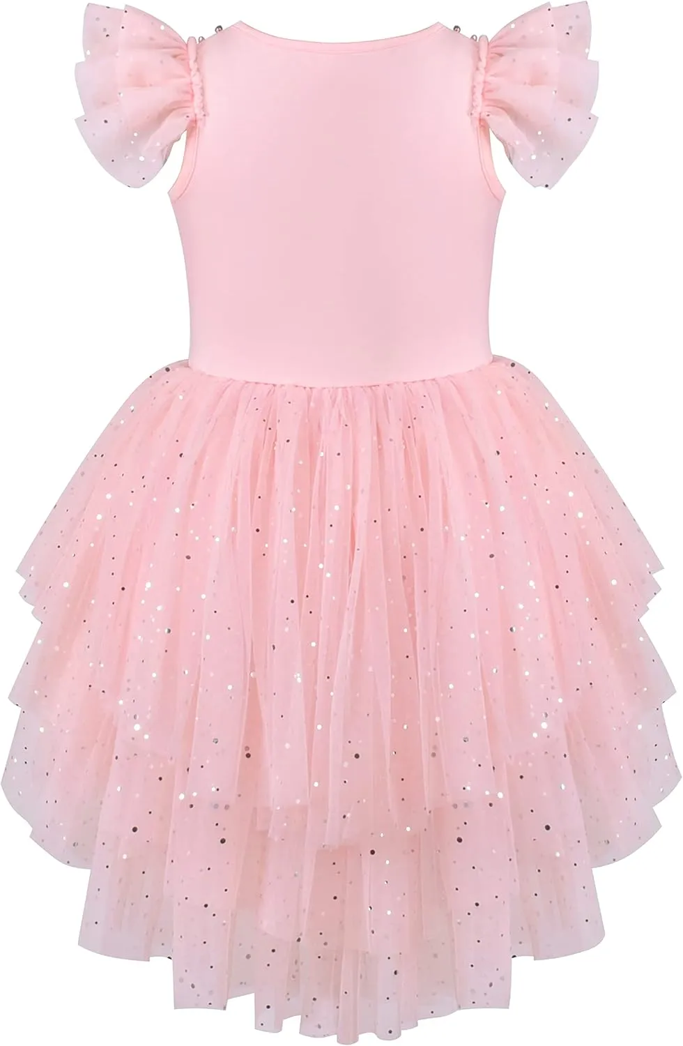 Sunny Fashion Girls Dress Pink Sequin Wedding Hi-Low Tulle Skirt Tutu Flutter Sleeve
