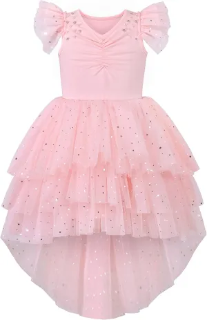 Sunny Fashion Girls Dress Pink Sequin Wedding Hi-Low Tulle Skirt Tutu Flutter Sleeve