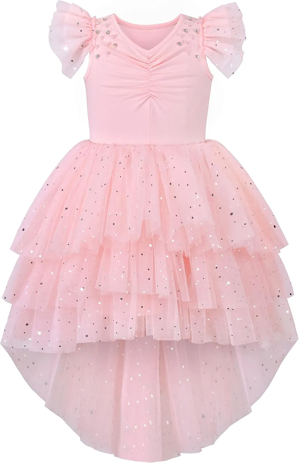 Sunny Fashion Girls Dress Pink Sequin Wedding Hi-Low Tulle Skirt Tutu Flutter Sleeve