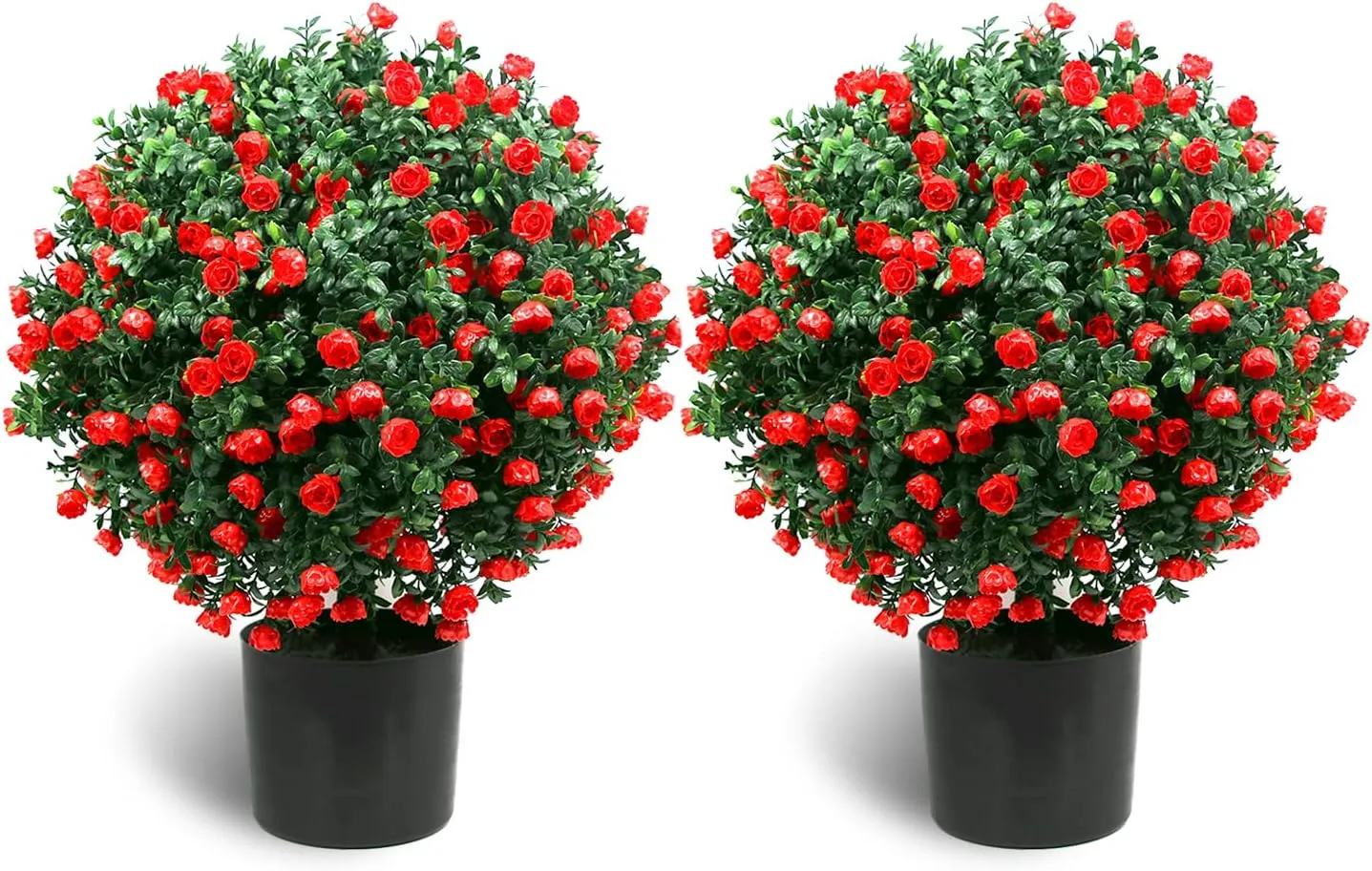 Sunnyglade 21.6” Tall Artificial Rose Topiary Ball Tree Set of 2 Pack Potted Bushes UV Resistant Potted Plants for Indoor Outdoor Home Garden(Red)