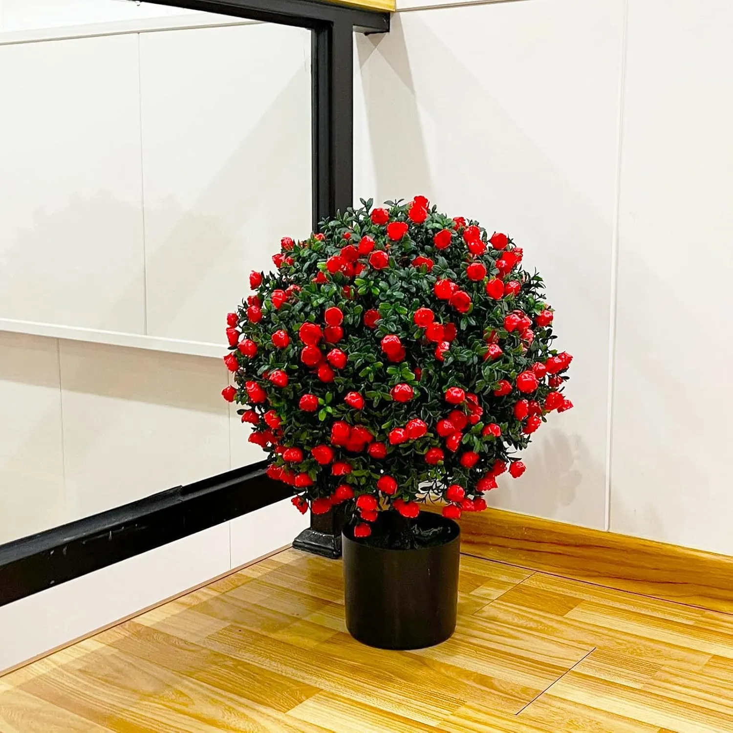 Sunnyglade 21.6” Tall Artificial Rose Topiary Ball Tree Set of 2 Pack Potted Bushes UV Resistant Potted Plants for Indoor Outdoor Home Garden(Red)