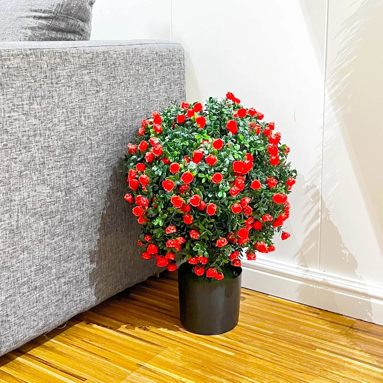 Sunnyglade 21.6” Tall Artificial Rose Topiary Ball Tree Set of 2 Pack Potted Bushes UV Resistant Potted Plants for Indoor Outdoor Home Garden(Red)