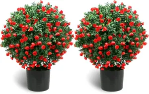 Sunnyglade 21.6” Tall Artificial Rose Topiary Ball Tree Set of 2 Pack Potted Bushes UV Resistant Potted Plants for Indoor Outdoor Home Garden(Red)