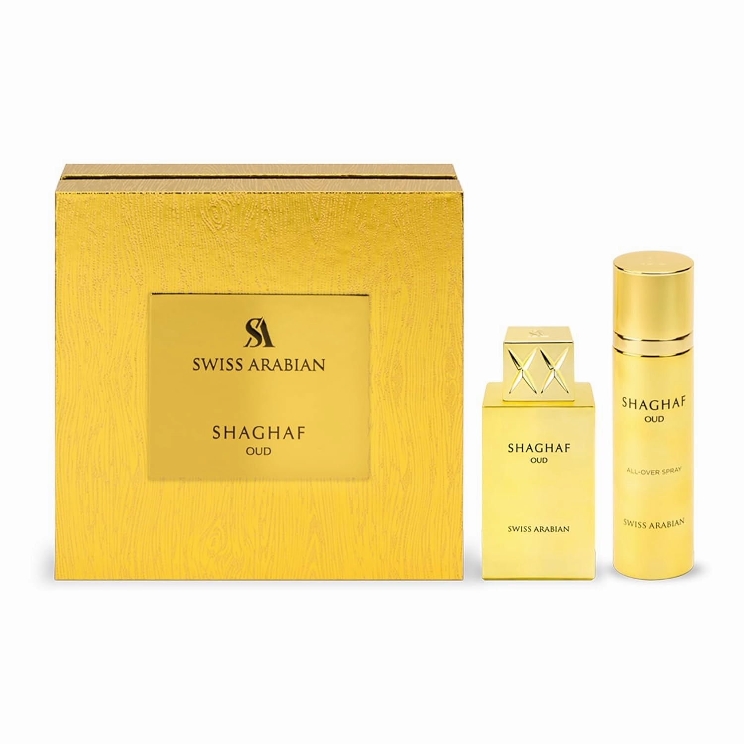 Swiss Arabian Shaghaf Oud - Eau de Parfum and Body Spray Perfume Set - Long Lasting Arabian Perfume with Saffron, Praline, and Vanilla - 2 pc