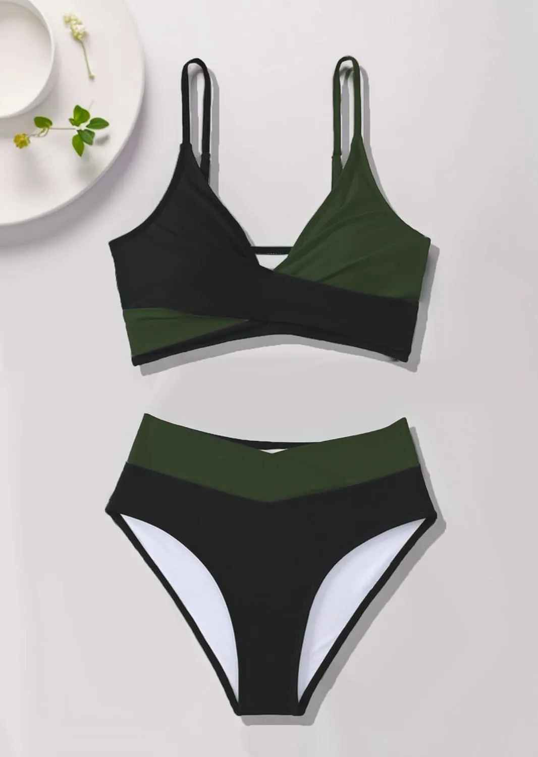 Tainehs Women's Bikini Sets Two Piece Swimsuit V Neck Twist Front V Cut Bottom Bathing Suit