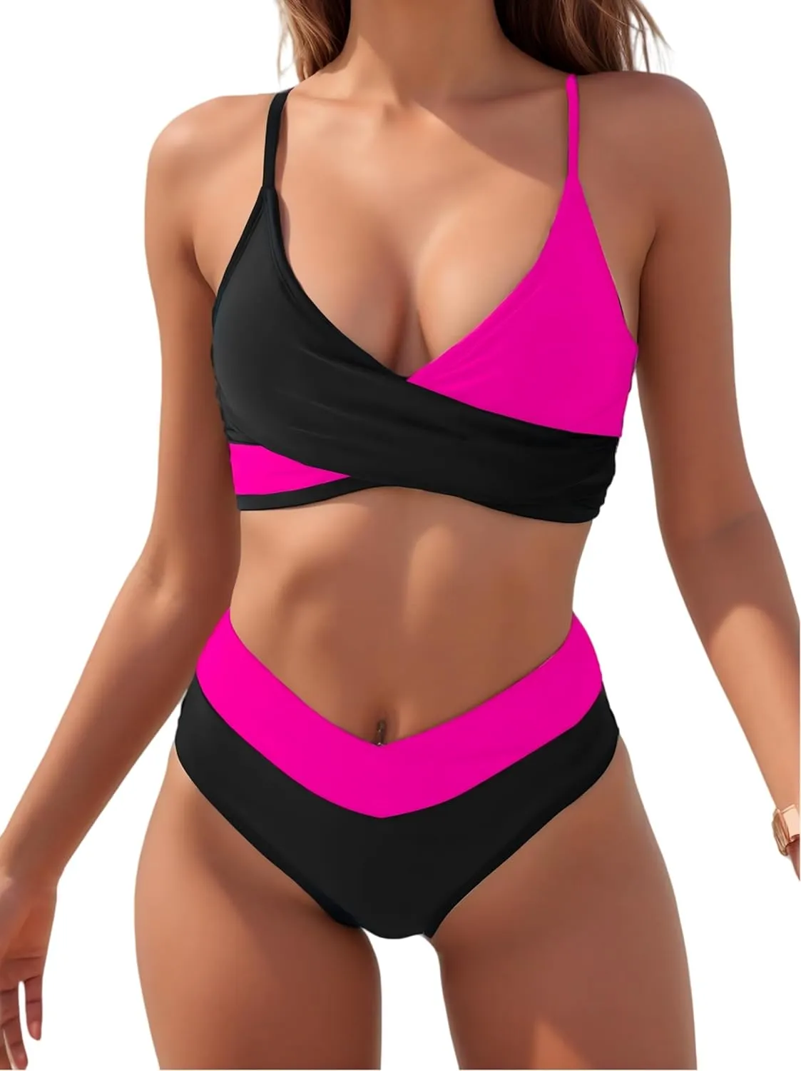 Tainehs Women's Bikini Sets Two Piece Swimsuit V Neck Twist Front V Cut Bottom Bathing Suit