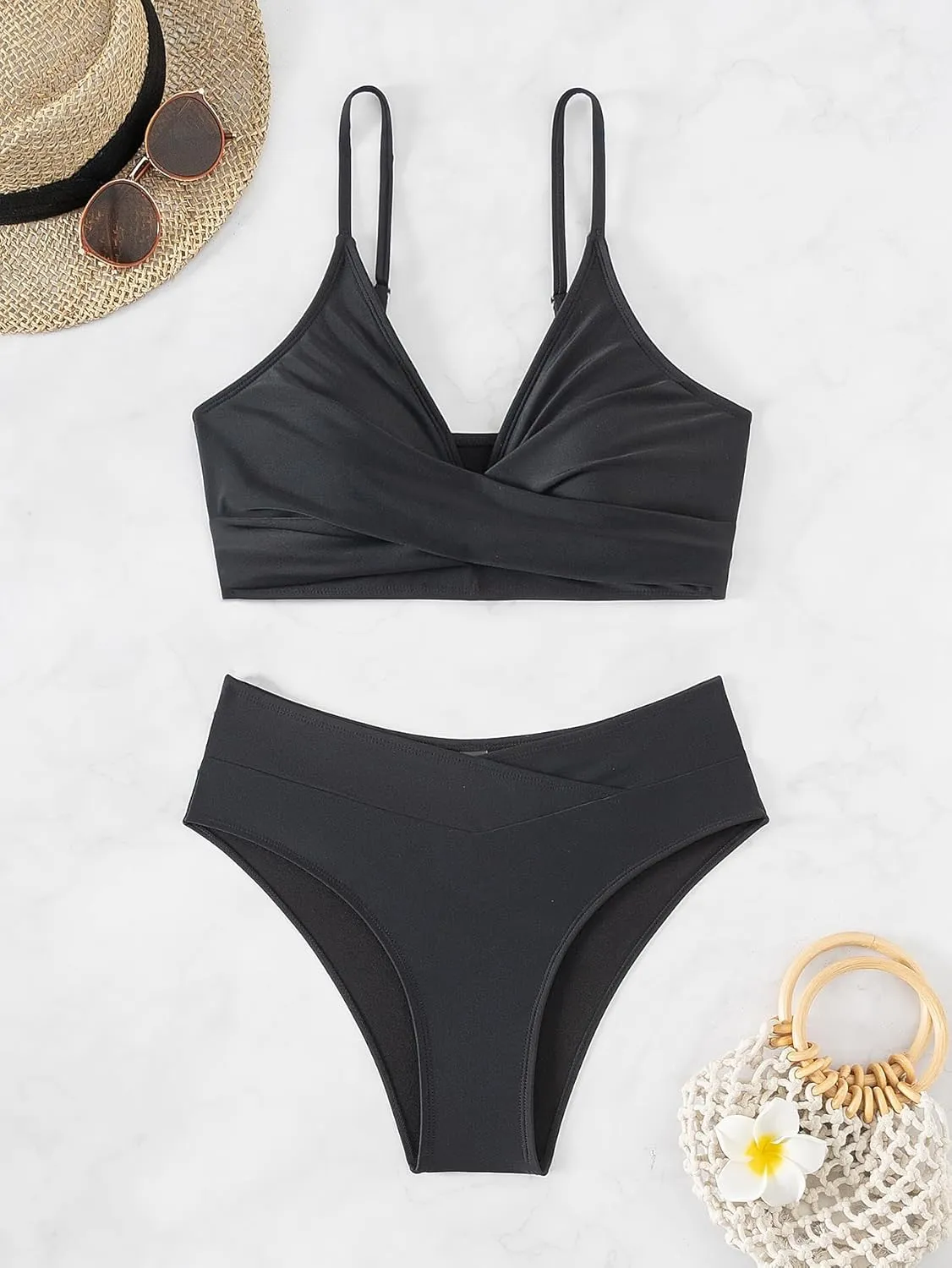 Tainehs Women's Bikini Sets Two Piece Swimsuit V Neck Twist Front V Cut Bottom Bathing Suit