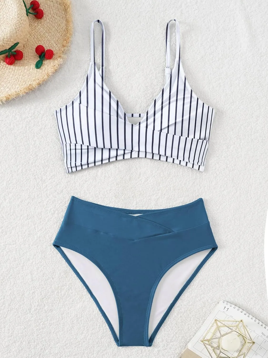 Tainehs Women's Bikini Sets Two Piece Swimsuit V Neck Twist Front V Cut Bottom Bathing Suit